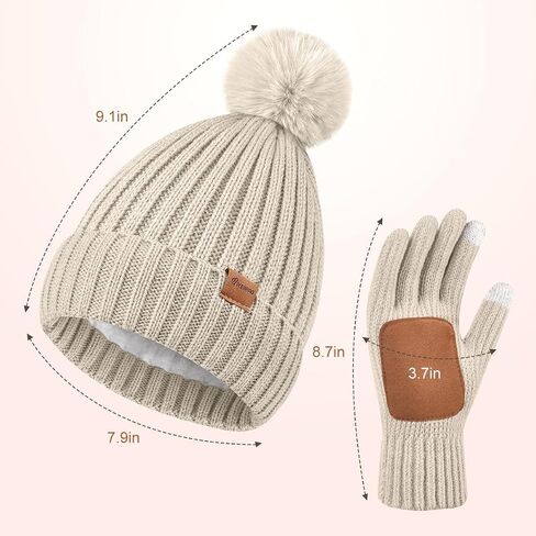 Womens Beanie Hat Gloves Set Winter Knitted Beanie Hat for Women With Pom Pom Warm Touchscreen Gloves Set for Cold Weather in Kuwait