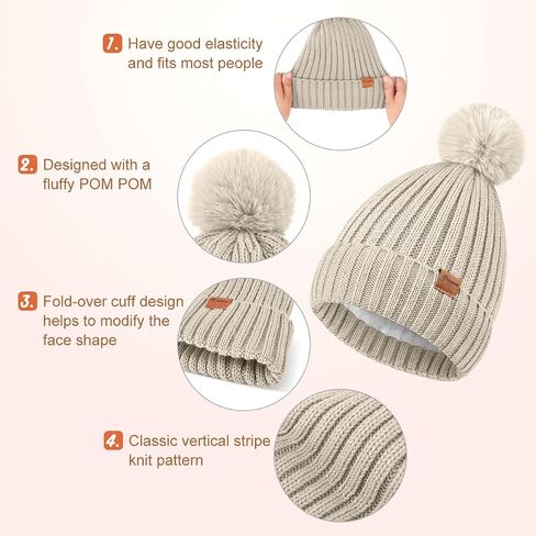 Womens Beanie Hat Gloves Set Winter Knitted Beanie Hat for Women With Pom Pom Warm Touchscreen Gloves Set for Cold Weather in Kuwait
