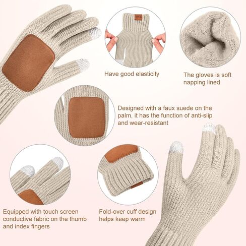 Womens Beanie Hat Gloves Set Winter Knitted Beanie Hat for Women With Pom Pom Warm Touchscreen Gloves Set for Cold Weather in Kuwait