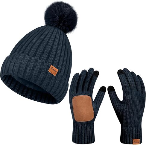 Womens Beanie Hat Gloves Set Winter Knitted Beanie Hat for Women With Pom Pom Warm Touchscreen Gloves Set for Cold Weather in Kuwait