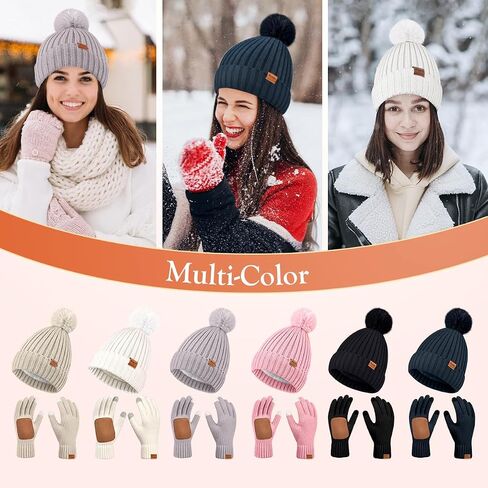 Womens Beanie Hat Gloves Set Winter Knitted Beanie Hat for Women With Pom Pom Warm Touchscreen Gloves Set for Cold Weather in Kuwait