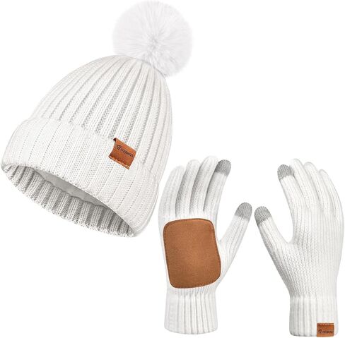 Womens Beanie Hat Gloves Set Winter Knitted Beanie Hat for Women With Pom Pom Warm Touchscreen Gloves Set for Cold Weather in Kuwait
