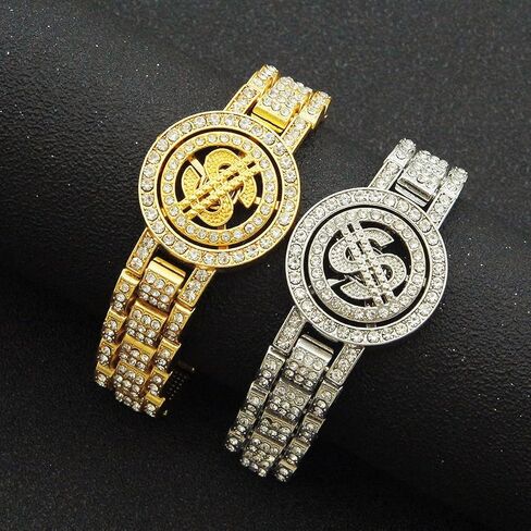 Chunky Sparkly Fake Diamond Bracelet with Spinning Dollar Sign,Classic Iconic Wristband Bangle Bling Iced Out Rapper Wristlet Ankle for Men Women,Miami Hip Hop Punk Cool Jewelry in Saudi Arabia