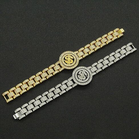 Chunky Sparkly Fake Diamond Bracelet with Spinning Dollar Sign,Classic Iconic Wristband Bangle Bling Iced Out Rapper Wristlet Ankle for Men Women,Miami Hip Hop Punk Cool Jewelry in Saudi Arabia