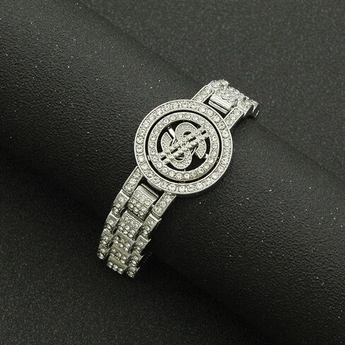 Chunky Sparkly Fake Diamond Bracelet with Spinning Dollar Sign,Classic Iconic Wristband Bangle Bling Iced Out Rapper Wristlet Ankle for Men Women,Miami Hip Hop Punk Cool Jewelry in Saudi Arabia