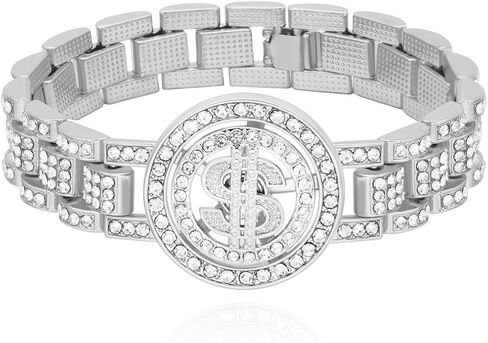 Chunky Sparkly Fake Diamond Bracelet with Spinning Dollar Sign,Classic Iconic Wristband Bangle Bling Iced Out Rapper Wristlet Ankle for Men Women,Miami Hip Hop Punk Cool Jewelry in Kuwait