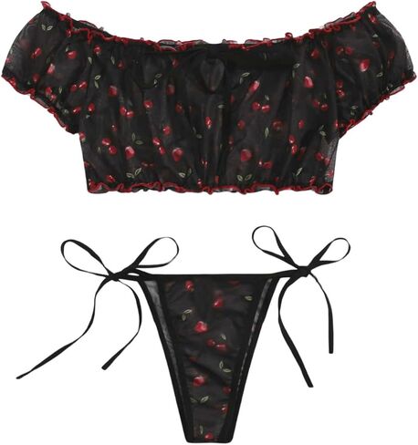 مجموعة ملابس داخلية نسائية مكونة من قطعتين من MakeMeChic، مجموعة ملابس داخلية شبكية بدون أكتاف مكشكشة ومجموعة سراويل داخلية in Saudi Arabia