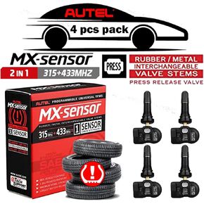 Autel TPMS Sensor MaxiTPMS Autel MX Sensor 4pcs Universal Tire Sensor Dual Frequency 315MHz/433MHz TPMS Sensor Rubber Stem Programmable by TS508 TS408 TS508WF TS608 MS906TS ITS600 MS906PRO-TS