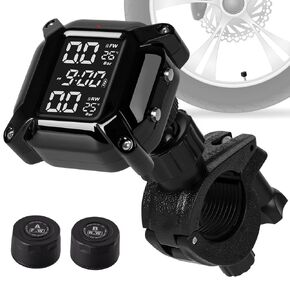 Motorcycle TPMS Wireless Tire Pressure Monitoring System, IP67 Waterproof Dustproof Wireless TPMS for USB Rechargeable with 2 External Sensors Digital LCD Display Two-Wheeled Motorcycle TPMS