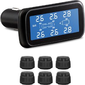 B-Qtech Tire Pressure Monitoring System (0~199PSI) 6 External Sensors, CLA Charger RV TPMS 5 Alarm Modes for Trailer Tow Motorhome Travel Car, Tire Pressure Temperature Real Time Monitor