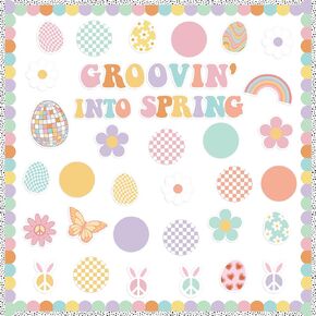 112Pcs Hippie Groovin’ Into Spring Bulletin Board Classroom Decoration Retro Groovy Spring Flowers Cutouts Easter Egg Name Tag Border Trim School Classroom Chalkboard Wall Decor Easter Supplies