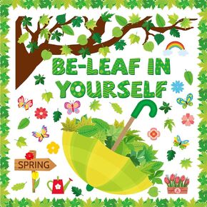 Qyeahkj 149 Pcs Spring Bulletin Board Boarder Decorations Set Be-Leaf in Yourself Spring Cut Outs Classroom Tree Spring Leaves Flowers Umbrella Cutouts for School Classroom Blackboard Decor Supplies