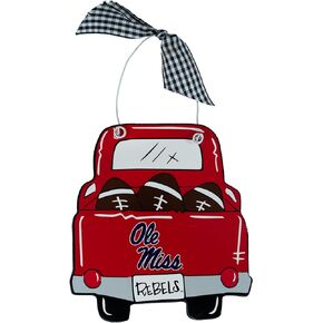 Indiana University Hoosiers Wooden Ornament - Pick-up Truck, Footballs & Team Logo Design w/Plaid Ribbon by Magnolia Lane - Hanging Home Decor, Gift for IU Fans, Students, or Alumni