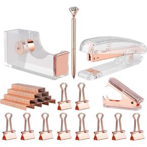 KIDMEN Rosegold Desk Accessory Kit,Set of Stapler, Staple Remover,1000pcs Staples,Tape Dispenser,Big Diamond Ballpoint Pen and 10pcs Binder Clips