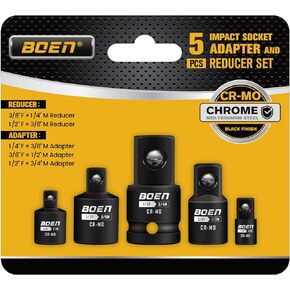 5 Piece Impact Socket Adapter Set and Reducer Set, Standard SAE, 1/4", 3/8", 1/2" Impact Driver Conversions, CR-MO Steel Impact Driver & Wrench Conversion Kit