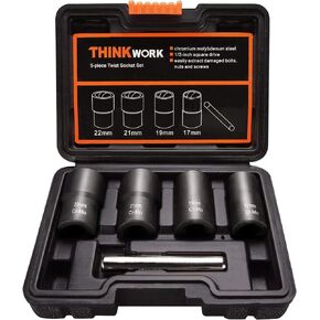 THINKWORK Lug Nut Remover, 5 Pieces Wheel Lock Removal Kit for Removing Stripped, Damaged, Frozen, Rusted, Rounded-Off Bolts, Nuts & Screws