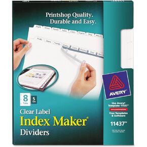 Avery 11437 طباعة/تطبيق فواصل ملصقات شفافة، 8 علامات تبويب، 8.5 × 11، أبيض، 5 مجموعات/عبوة
