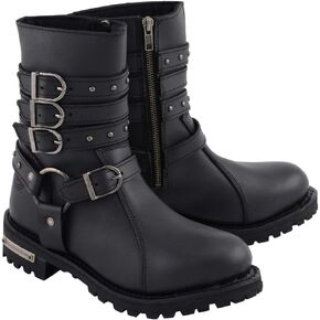 Milwaukee Leather MBL9399 Women's 9-Inch Triple Buckle Black Leather Harness Biker Boots w/Side Zipper Entry