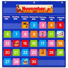 VNOM Blue Calendar Pocket Chart for Classroom,School Pocket Calendar for Kids Learning for Home,Pre-k Homeschool Daycare Classroom Supplies for Teachers…