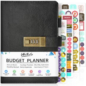WEMATE Budget Planner 2024 with Lock, Monthly Budget Book with Expense Tracker Notebook, Undated Financial Planner to Manage Your Money, A5 Leather Account & Budget Book, Black