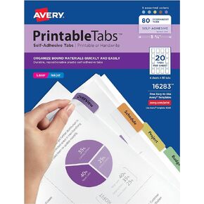 Avery Printable Self-Adhesive Plastic Tabs, 1-3/4", Repositionable Adhesive, Assorted Colors, Pack of 80 (16283)