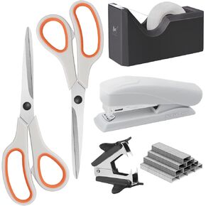 Asdirne Office Supplies Kit, Desk Accessory Set, Including 2 Scissors, 1 Stapler,1000 Pieces 26/6 Staples, 1 Staple Remover, 1 Tape Dispenser and 1 Tape, Perfect Office Partners