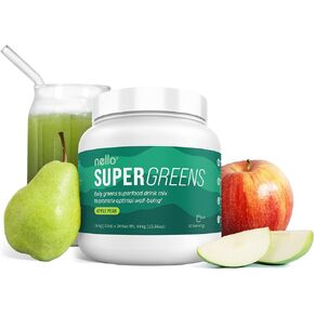 Nello Supergreens - Premium Superfood Greens Drink Mix with Chlorella, Moringa, Spinach, & Broccoli + Digestive Enzymes & Probiotic Blend -Nutrient-Packed Greens Powder Superfood for Wellness(30 SRV)