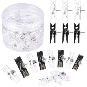 32 Pieces Reusable Push Pin Clips Photo Clips, Mini Transparent Plastic Tacks Thumbtacks Clothespins Decorative Craft Paper Clips for Cork Boards Wall Artworks Notes Photos Craft Accessories, Clear