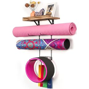 Bikoney Yoga Mat Holder Wall Mount Yoga Mat Storage Home Gym Accessories with Wood Floating Shelves and 4 Hooks for Hanging Foam Roller and Resistance Bands Fitness Home Gym