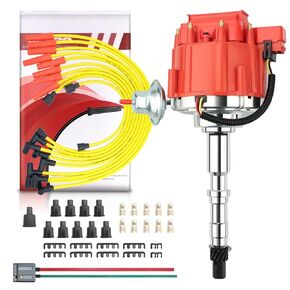 MAS Performance HEI Distributor & 8mm Spark Plug Wires & Free 170072 Pigtail Wire Harness Combo Kit W/65k Coil Replacement for Jeep AMC SBC/BBC V8 290 304 343 360 390 401 (Red HEI Kit)