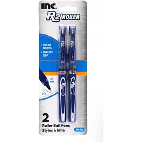 INC 0.7 mm R-2 Roller Ball Pen,Controlled Ink Flow System, Blue Ink, Comfort Grip, 2 pack