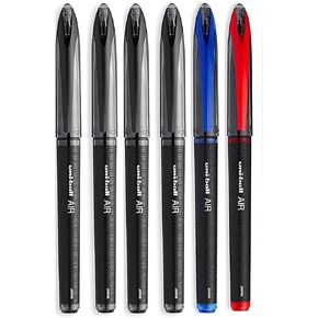 Uni-Ball AIR Micro - 0.5mm Fine Rollerball - Pack of 6 Pens - 4 Black, 1 Blue and Red (Assorted Collors), Packing may vary
