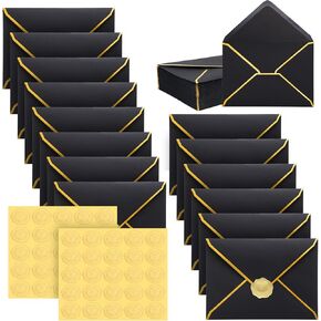 50 Pcs A7 5 x 7 Card Envelopes and 50 Pcs Gold Embossed Wax Seal Envelopes Self Adhesive V Flap Mailer with Gold Border for Graduation Invitation Wedding Greeting(Black)
