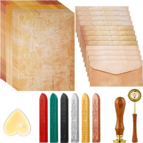 33 Pieces Vintage Paper and Envelopes Set, Including 12 Writing Stationery Paper Letter 12 Envelopes Sealing 6 Wax Sticks Seal Stamp Tea Candles and Wax Spoon for Stamp