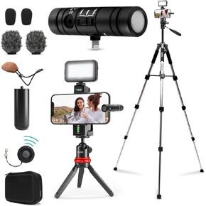 Movo iVlog-Interview iPhone Vlogging Kit, All-In-One Solution with DoubleMic, LED Light, Tabletop Tripod, and Phone Mount for Professional-Quality Content