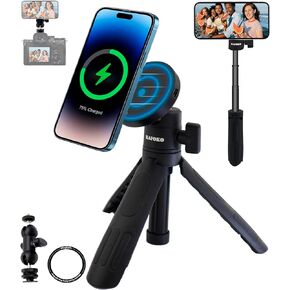 HAFOKO HA-W08 Magnetic Selfie Stick Tripod Vlogging Tripod Kit+Magnetic Wireless Charging Mount Desktop Smartphone Extension Tripod Magnetic Holder w Magic Arm compatibel for iPhone 15/14/13/12