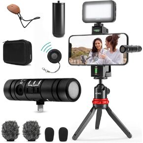 Movo iVlog-Interview iPhone Vlogging Kit with DoubleMic, Phone Mount, Tabletop Tripod, and Light - Ideal Content Creator Kit for iPhone
