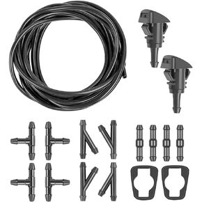 ZKFAR Windshield Washer Hose Kit, Windshield Washer Nozzle Suitable, 5M Hose +12 Connectors +2 Fan Nozzles+ 2 Rubber Gaskets Connect Car Water Pump and Nozzles (Black)