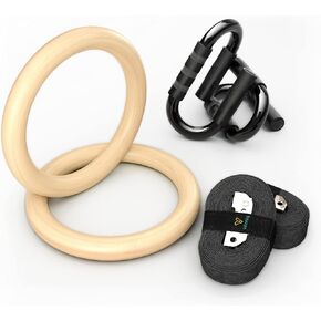 Vitoniq Premium Wood Gymnastics Rings and S-Shaped Push Up Bars Set – Strength Training & Calisthenics Equipment – Non-Slip Birch Wooden Rings, Adjustable Straps, Ergonomic Pushup Handles