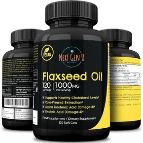 Next Gen U Flaxseed Oil w/Omega 3, 6, 9, Cold Pressed Dietary Health Food Supplement 1000 mg 120 Vegan Softgels