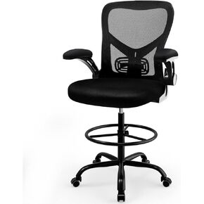 dreamlify Drafting Chair,Tall Standing Desk Chair Comfortable Office Chair with Foot Ring Flip-up Padded Arms Height Adjustable Computer Task Chair Ergonomic Mesh Mid-Back Desk Chair,Black
