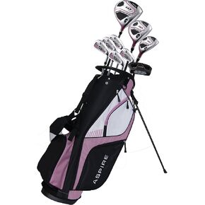 Aspire XD1 Ladies Womens Complete Right Handed Golf Clubs Set Includes Titanium Driver, S.S. Fairway, S.S. Hybrid, S.S. 6-PW Irons, Putter, Stand Bag, 3 H/C's Pink