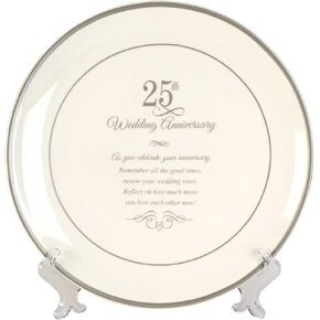 Dicksons 25th Wedding Anniversary Silver Rim 12 inch Porcelain Decorative Plate Stand