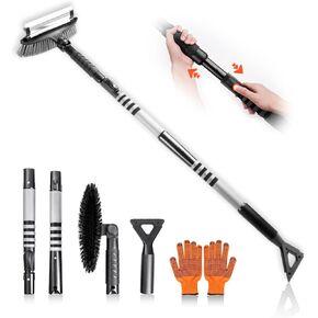 Epltion 57" Extendable Snow Removal for Car, 3 in 1 Ice Scrapers and Snow Brush with Squeegee for Car Windshield with Foam Grip and 270° Pivoting Brush Head for Car, Truck, SUV,Xmas Gifts