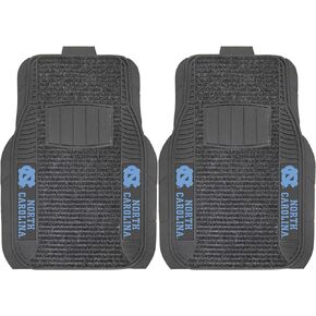 FANMATS 13814 North Carolina Tar Heels 2-Piece Deluxe Car Mat Set, Vinyl Trim and Colored Team Logo, Dual Rib Charcoal Carpet, Trimmable Edges
