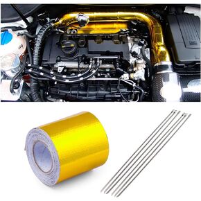 Gold Adhesive Backed Heat Barrier Tape, 2" x 16.4' (5M) Heat Shield Reflective Tape Wrap Roll, Aluminum Foil High-Temperature Insulation Roll for Car Intake Pipe, Engine Bay etc. (2" x 16.4')