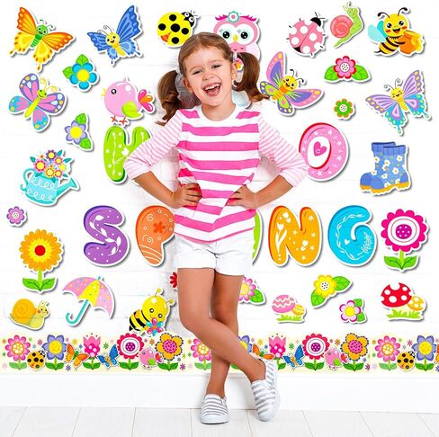 مجموعة ديكورات لوحة الإعلانات الربيعية من FINGOOO، 70 قطعة من ورق الربيع مقاس 6 بوصة ديكورات الفصول الدراسية الملونة مع نقاط الغراء in Kuwait