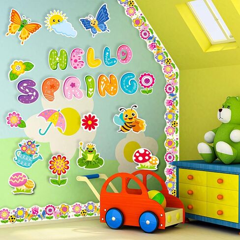 مجموعة ديكورات لوحة الإعلانات الربيعية من FINGOOO، 70 قطعة من ورق الربيع مقاس 6 بوصة ديكورات الفصول الدراسية الملونة مع نقاط الغراء in Kuwait