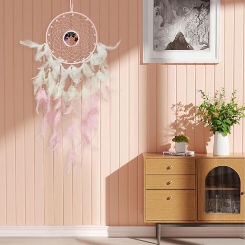Pink Large Dream Catchers with Chakra Crystals Tree of Life, Handmade Native American Style Dream Catcher for Boys Girls Adults Bedroom Wall Decor in Saudi Arabia