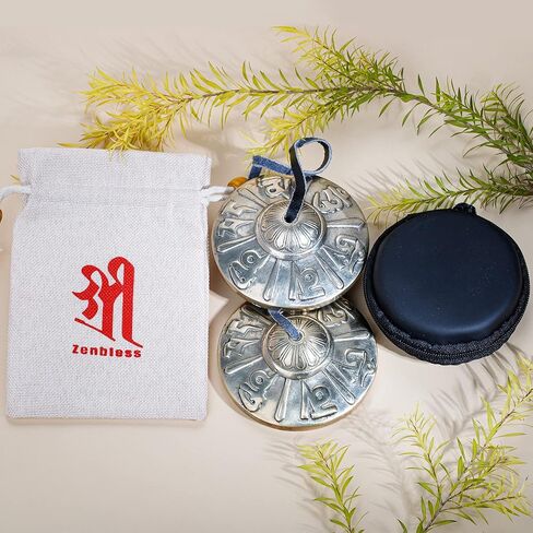ZenBless 3 بوصة صنج تينغشا التبتية قطعتان، مع صندوق تخزين وحقيبة قماش، أجراس نحاسية للتأمل السنسكريتية الرونية للشفاء الروحي، بوذية اليوغا، أدوات موسيقية للاسترخاء in Kuwait